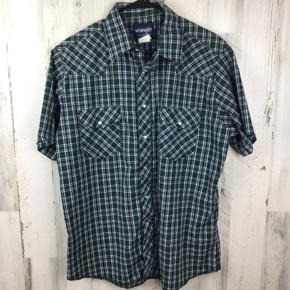 Vintage Wrangler Western Style Shirt Mens Pearl Snap Cowboy Cut Green Plaid L - Picture 1 of 6